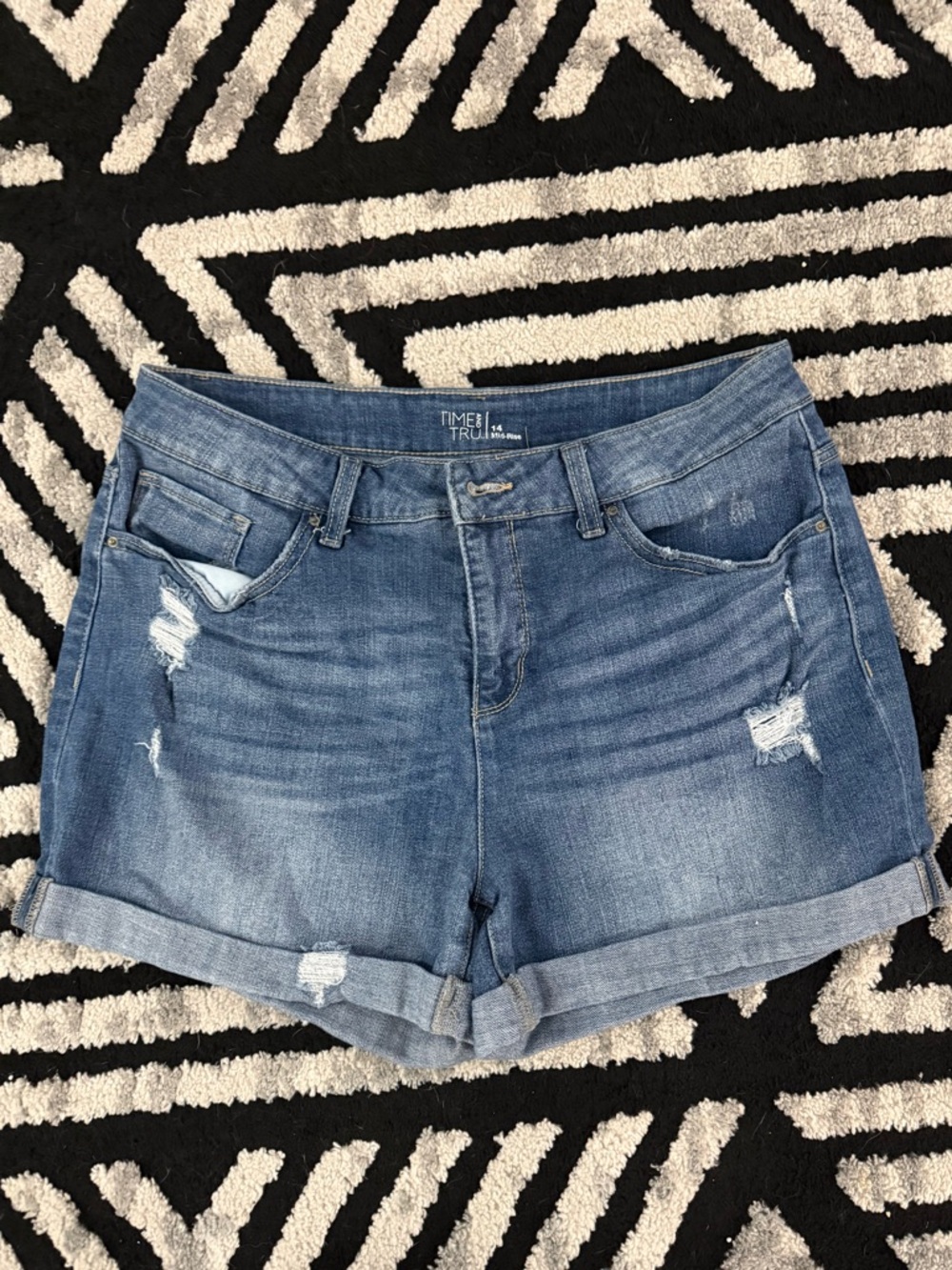 Time and Tru Medium Blue Distressed Rolled-Hem Jean Shorts
